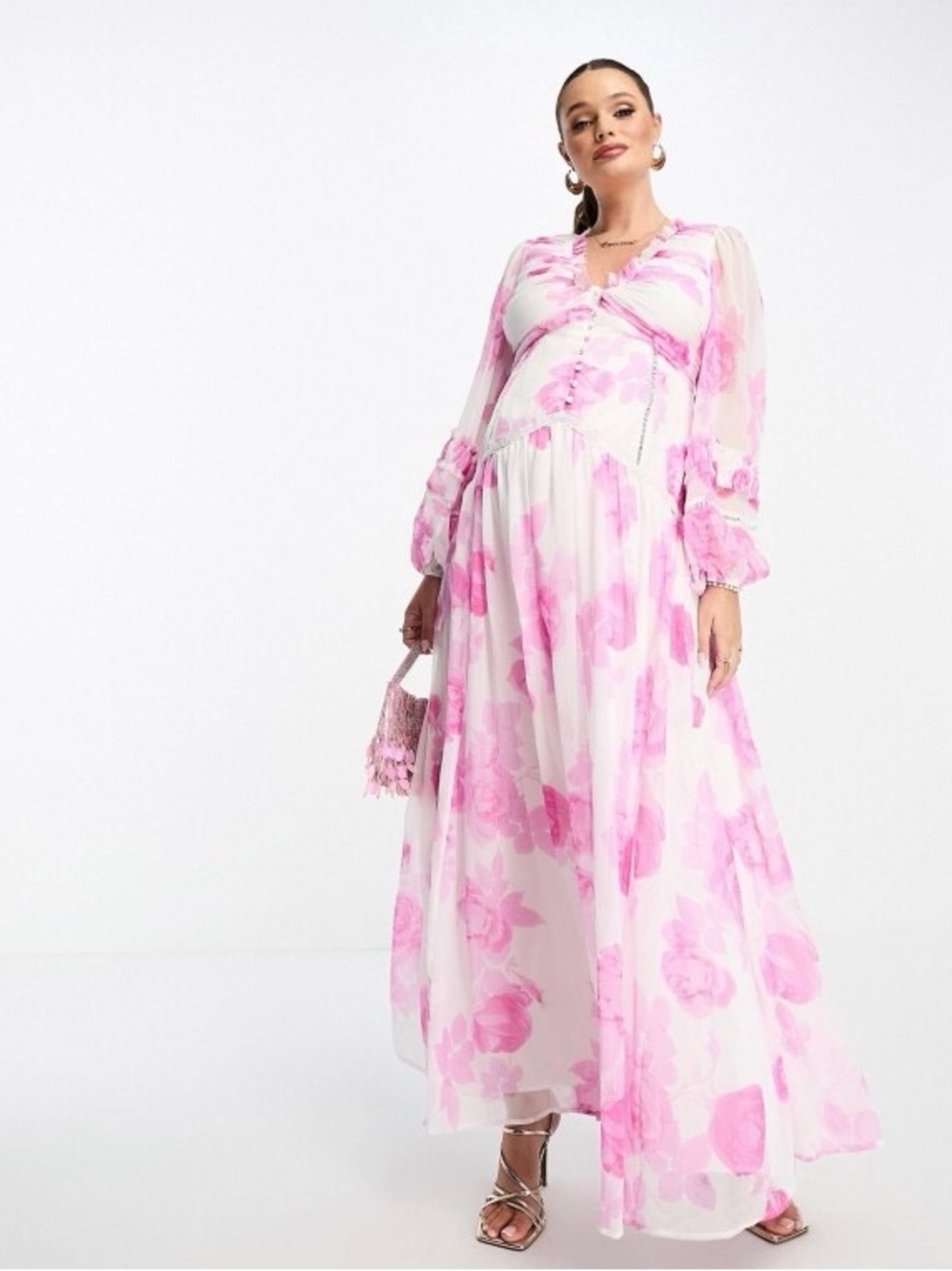 ASOS DESIGN Maternity Pink Floral Maxi Dress Women’s US 10 Long Sleeve